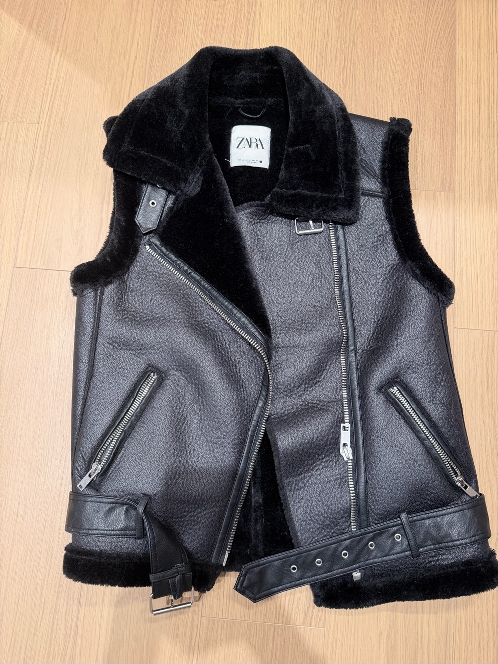 ZARA Black Faux Shearling Moto Vest with Belt